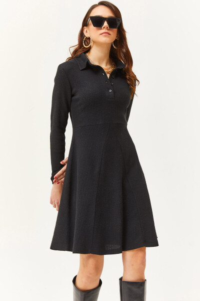 Women's Black Polo Collar Buttoned Mini A-Line Dress ELB-19002030 - 1