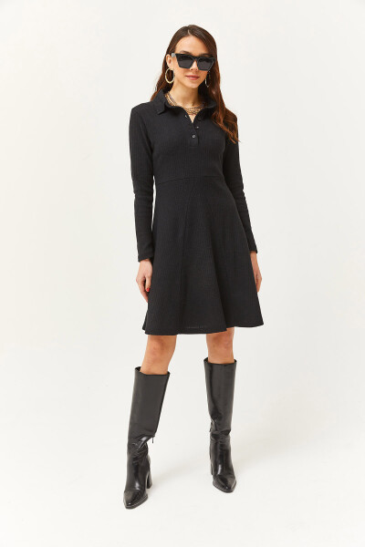 Women's Black Polo Collar Buttoned Mini A-Line Dress ELB-19002030 - 2