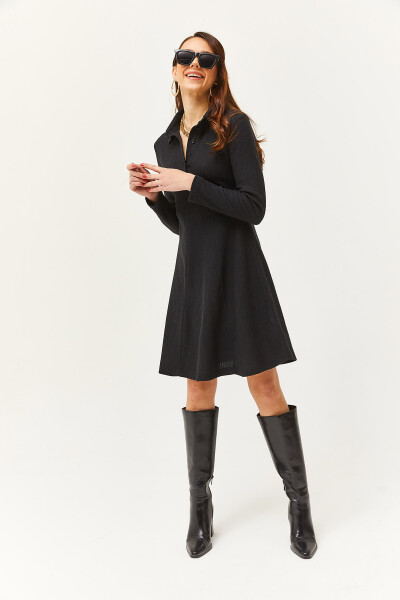 Women's Black Polo Collar Buttoned Mini A-Line Dress ELB-19002030 - 3