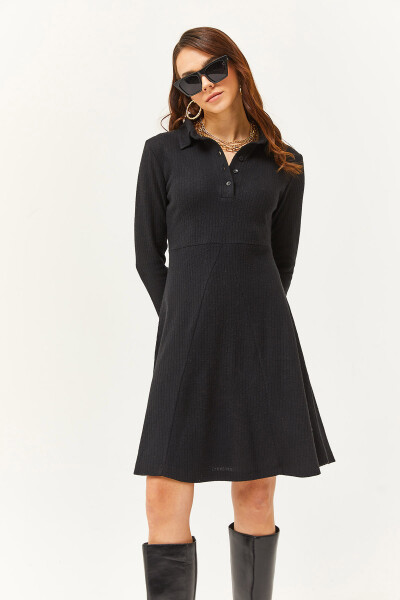 Women's Black Polo Collar Buttoned Mini A-Line Dress ELB-19002030 - 4