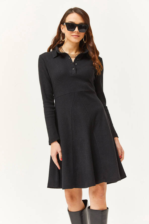 Women's Black Polo Collar Buttoned Mini A-Line Dress ELB-19002030 - 5