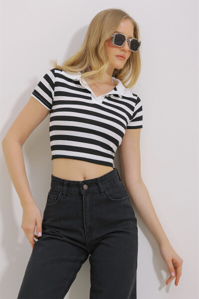 Women's Black Polo Collar Striped Crop Blouse ALC-X11460 - TREND ALAÇATI STILI (1)