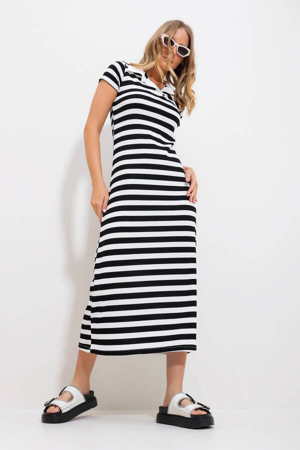 Women's Black Polo Collar Striped Maxi Dress Alc-X11713 - 1