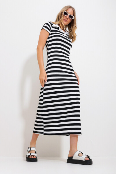 Women's Black Polo Collar Striped Maxi Dress Alc-X11713 - 2