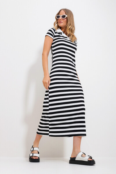 Women's Black Polo Collar Striped Maxi Dress Alc-X11713 - 3