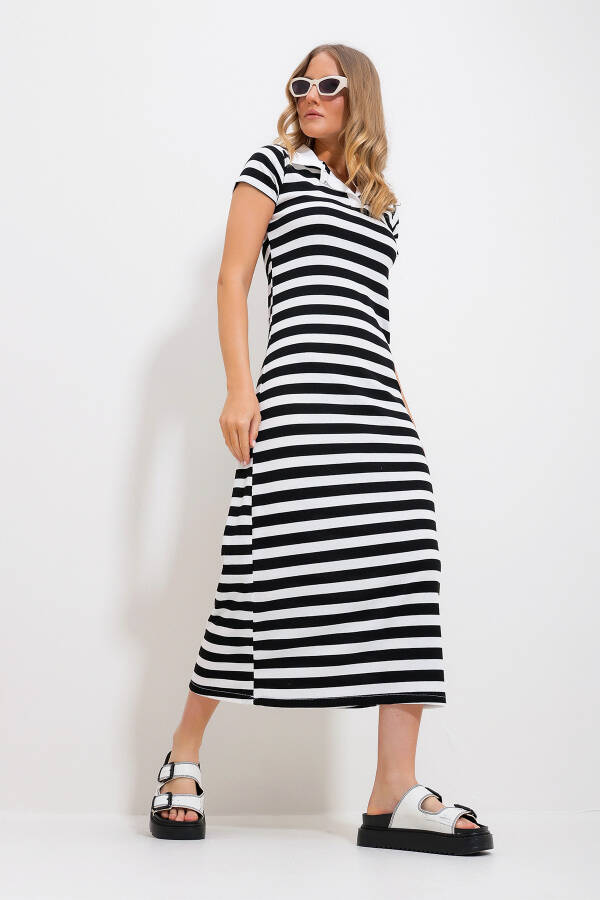 Women's Black Polo Collar Striped Maxi Dress Alc-X11713 - 3