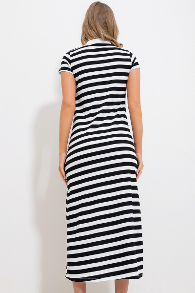 Women's Black Polo Collar Striped Maxi Dress Alc-X11713 - 5