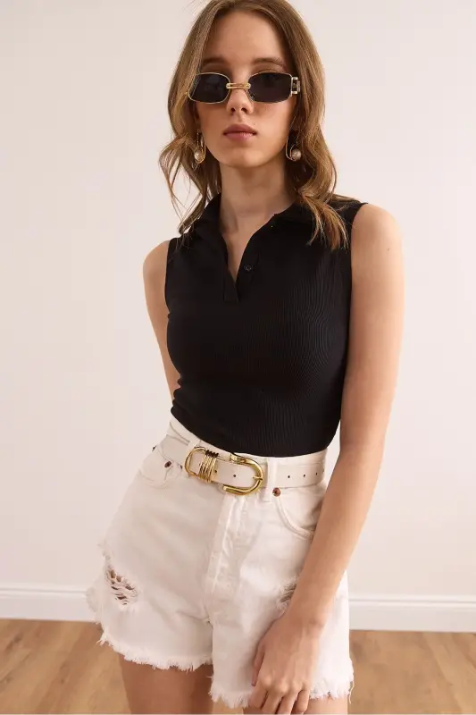 Women's Black Polo Neck Buttoned Ribbed Crop Blouse BL - 6