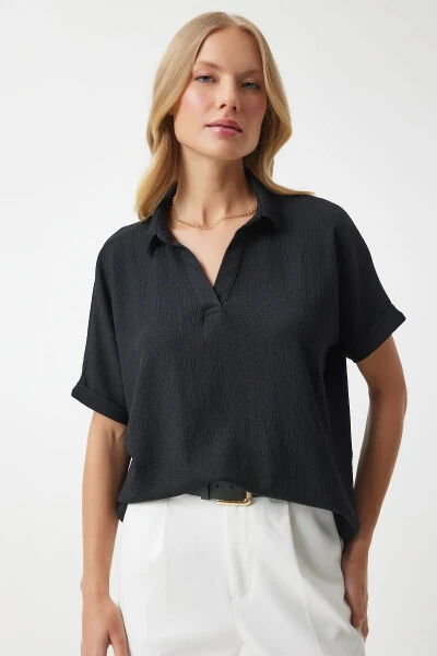 Women's Black Polo Neck Knit Crinkle Blouse DD01299 - HAPPINESS İSTANBUL