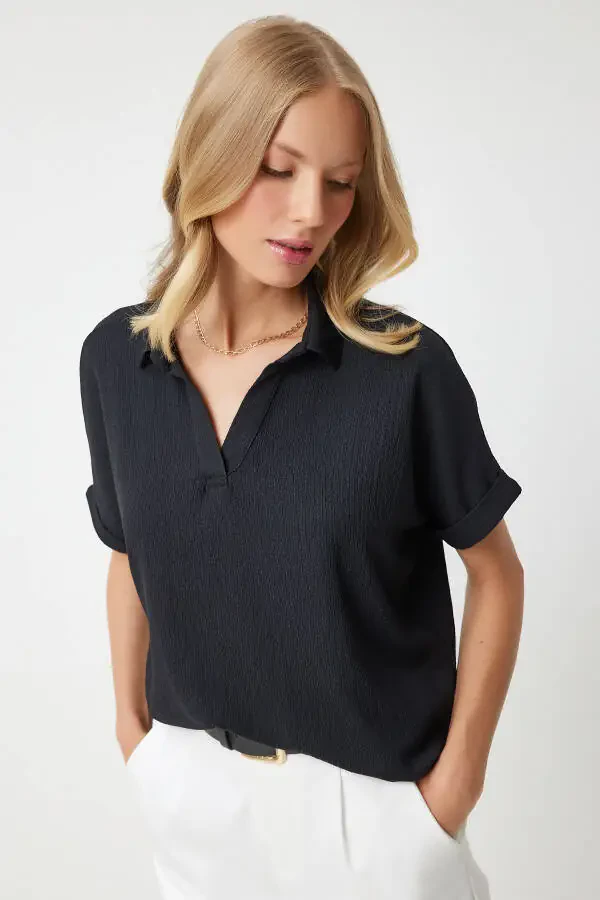 Women's Black Polo Neck Knit Crinkle Blouse DD01299 - 2