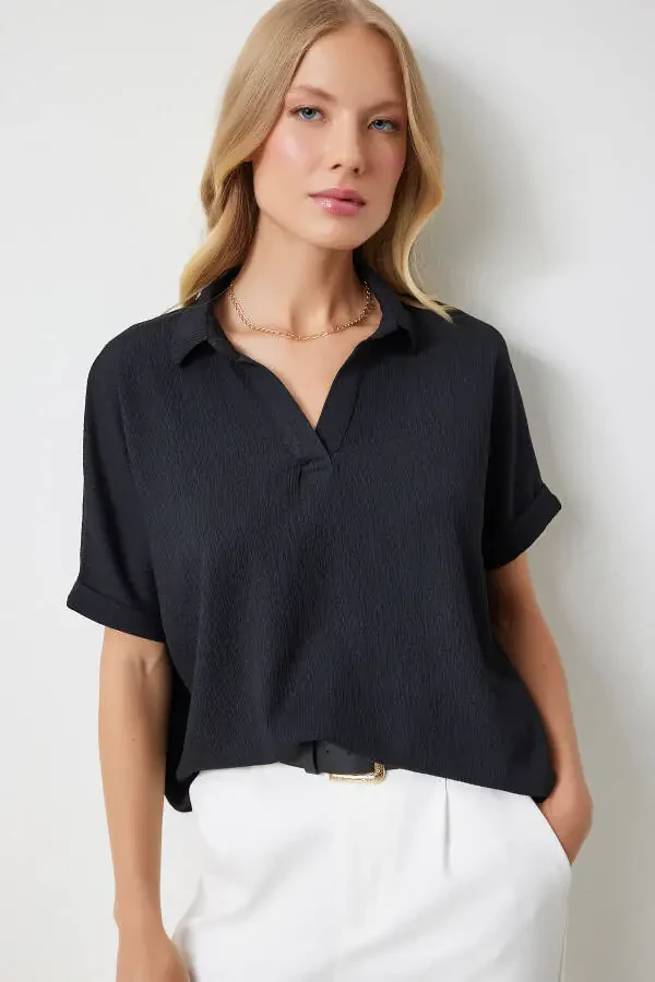 Women's Black Polo Neck Knit Crinkle Blouse DD01299 - 3
