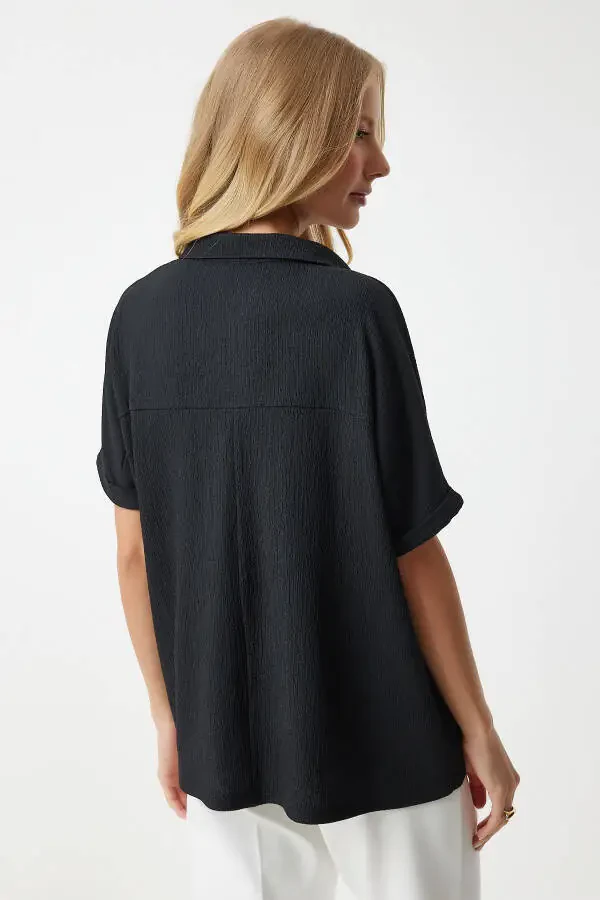 Women's Black Polo Neck Knit Crinkle Blouse DD01299 - 4