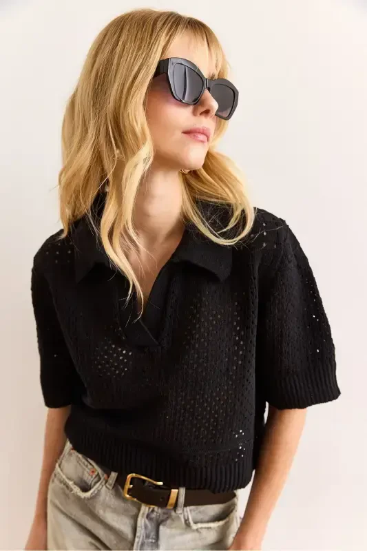 Women's Black Polo Neck Openwork Cotton Blend Knitwear - OLALOOK