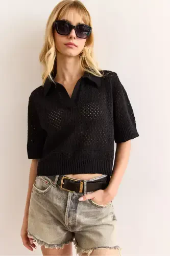 Women's Black Polo Neck Openwork Cotton Blend Knitwear - OLALOOK (1)