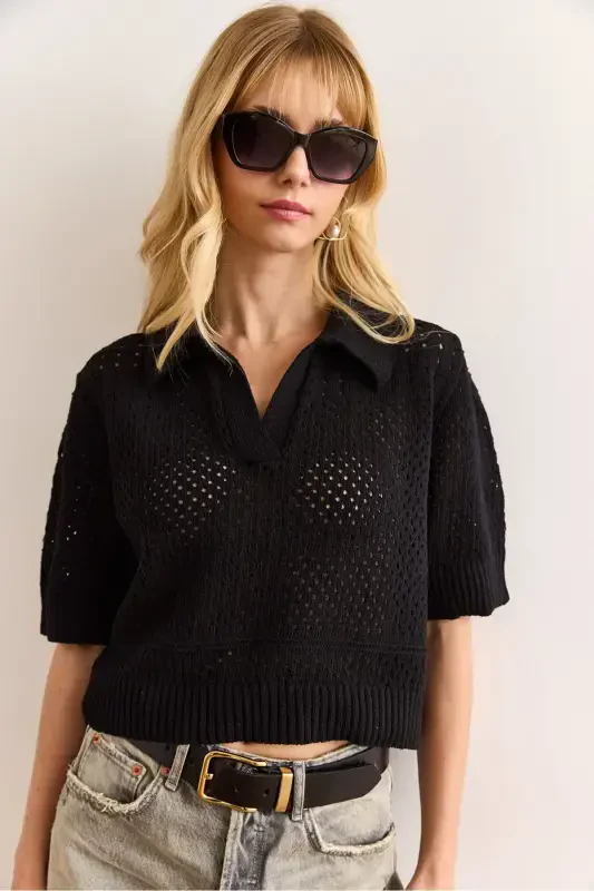 Women's Black Polo Neck Openwork Cotton Blend Knitwear - 3