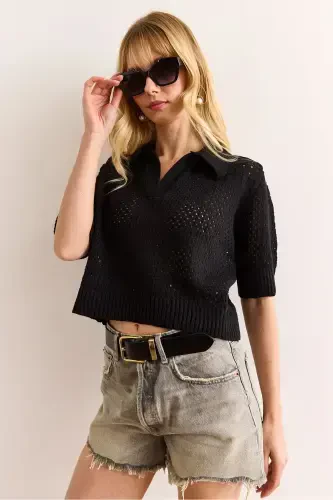 Women's Black Polo Neck Openwork Cotton Blend Knitwear - 5