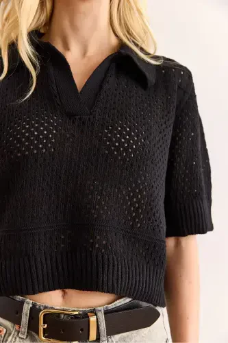 Women's Black Polo Neck Openwork Cotton Blend Knitwear - 6