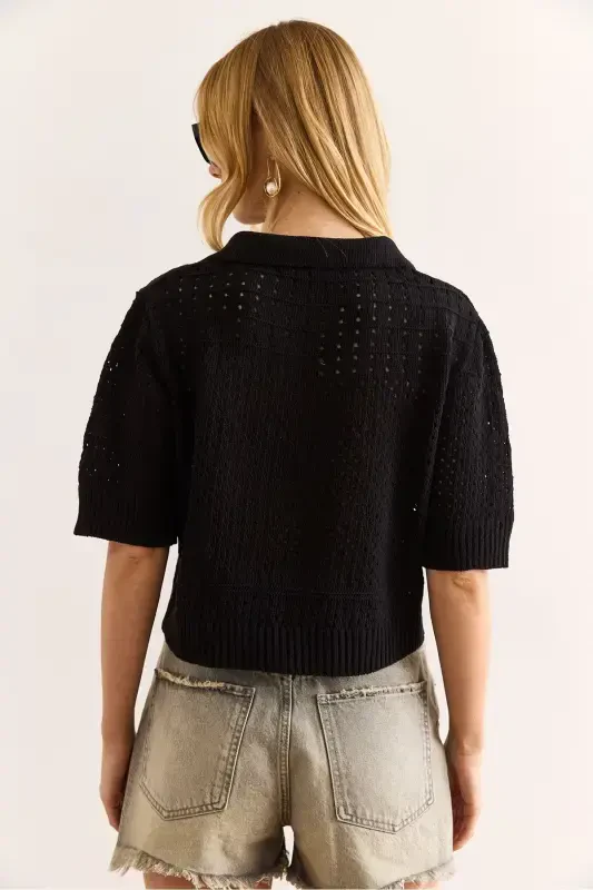 Women's Black Polo Neck Openwork Cotton Blend Knitwear - 7
