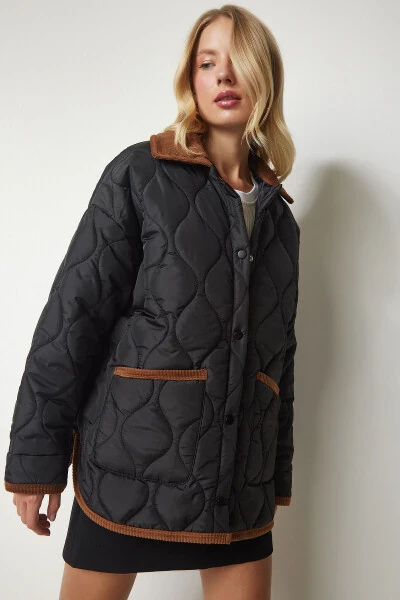 Women's Black Polo Neck Pocket Quilted Jacket DZ00096 - 1
