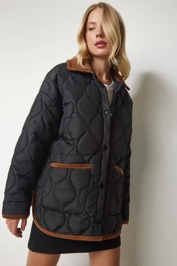 Women's Black Polo Neck Pocket Quilted Jacket DZ00096 - 1