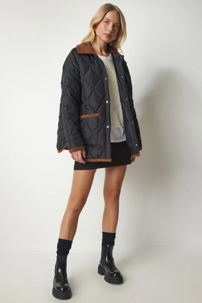 Women's Black Polo Neck Pocket Quilted Jacket DZ00096 - 2