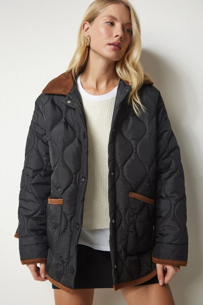 Women's Black Polo Neck Pocket Quilted Jacket DZ00096 - 4