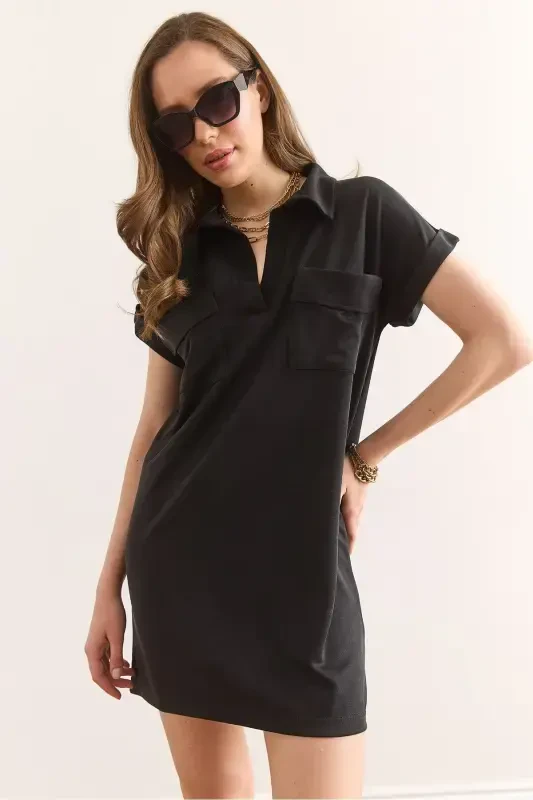 Women's Black Polo Neck Pocketed Soft Touch Modal M - 1