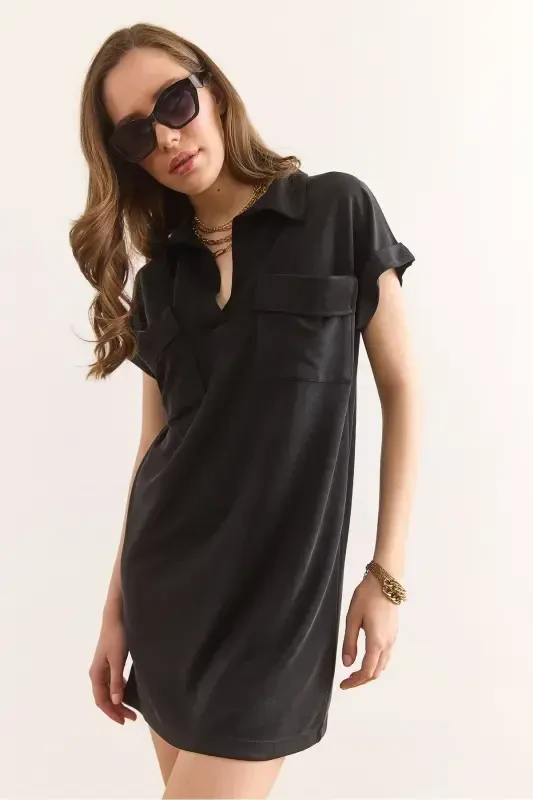 Women's Black Polo Neck Pocketed Soft Touch Modal M - 3