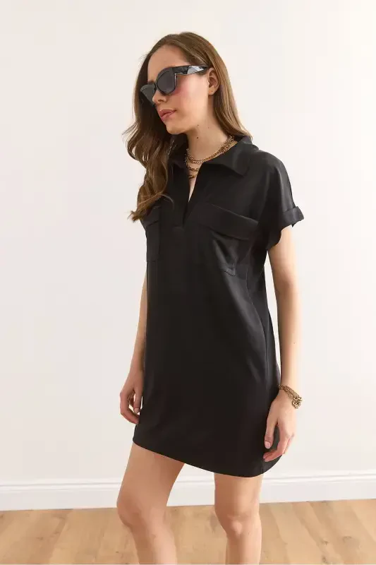 Women's Black Polo Neck Pocketed Soft Touch Modal M - 5