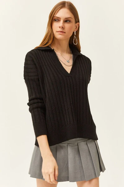 Women's Black Polo Neck Thick Ribbed Soft Textured Sweater KZK-19000764 - OLALOOK