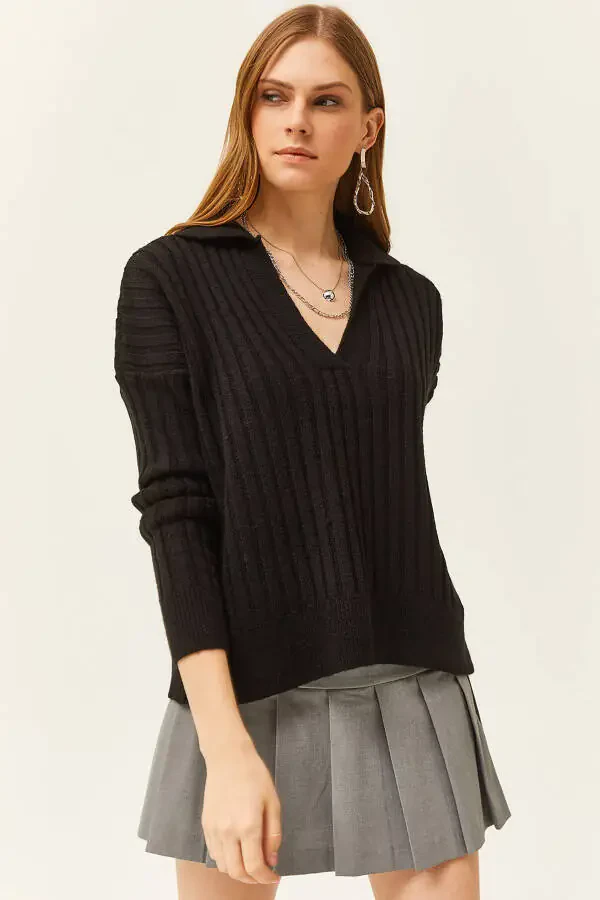 Women's Black Polo Neck Thick Ribbed Soft Textured Sweater KZK-19000764 - 1