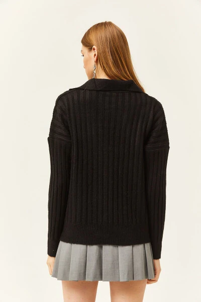 Women's Black Polo Neck Thick Ribbed Soft Textured Sweater KZK-19000764 - OLALOOK (1)