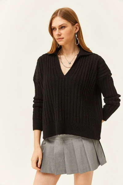 Women's Black Polo Neck Thick Ribbed Soft Textured Sweater KZK-19000764 - 3