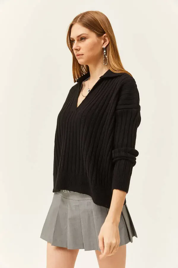 Women's Black Polo Neck Thick Ribbed Soft Textured Sweater KZK-19000764 - 4