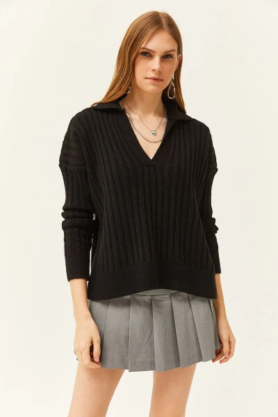 Women's Black Polo Neck Thick Ribbed Soft Textured Sweater KZK-19000764 - 5