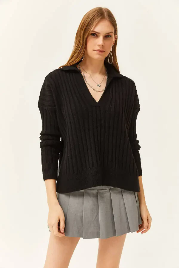 Women's Black Polo Neck Thick Ribbed Soft Textured Sweater KZK-19000764 - 5
