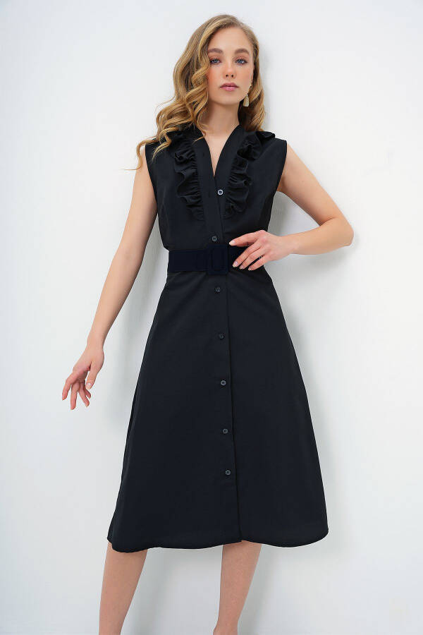 Women's Black Poplin Woven Dress with Ruffled Front and Belt ALC-X11609 - 3