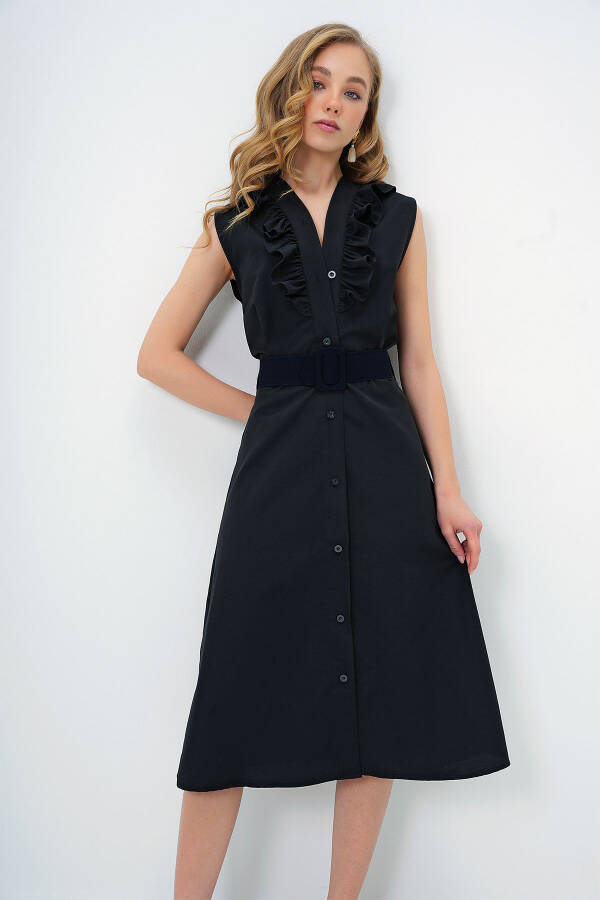 Women's Black Poplin Woven Dress with Ruffled Front and Belt ALC-X11609 - 4