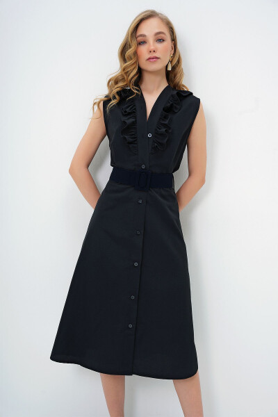 Women's Black Poplin Woven Dress with Ruffled Front and Belt ALC-X11609 - 5