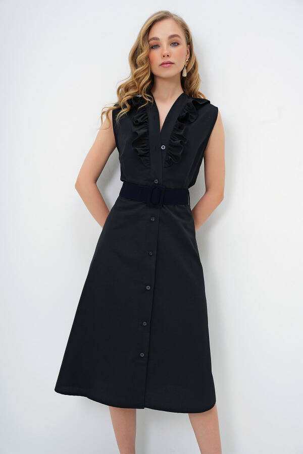 Women's Black Poplin Woven Dress with Ruffled Front and Belt ALC-X11609 - 5