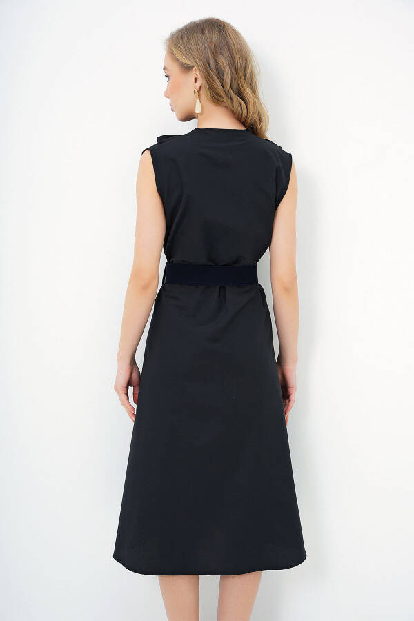 Women's Black Poplin Woven Dress with Ruffled Front and Belt ALC-X11609 - 6