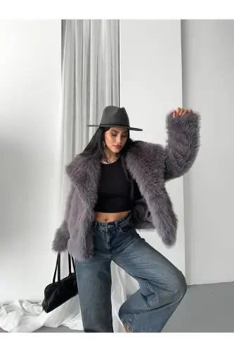 Women's Black Premium Plush Winter Faux Premium Fur Coat-DARK GRAY - GM BUTIKK (1)