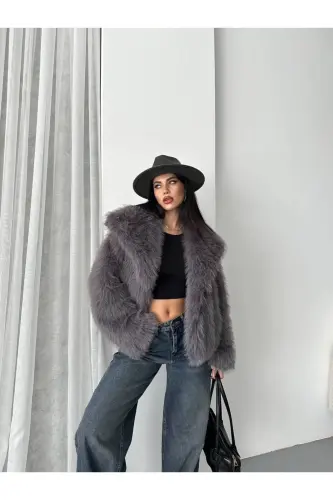 Women's Black Premium Plush Winter Faux Premium Fur Coat-DARK GRAY - 4