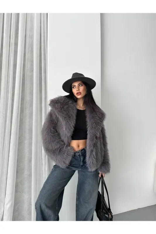 Women's Black Premium Plush Winter Faux Premium Fur Coat-DARK GRAY - 4