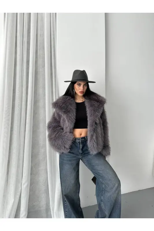 Women's Black Premium Plush Winter Faux Premium Fur Coat-DARK GRAY - 5