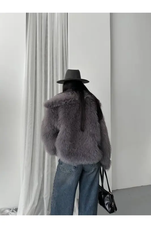 Women's Black Premium Plush Winter Faux Premium Fur Coat-DARK GRAY - 7