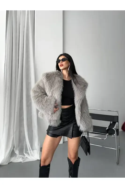 Women's Black Premium Plush Winter Faux Premium Fur Coat-GRAY - 2