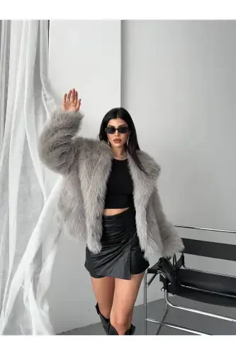 Women's Black Premium Plush Winter Faux Premium Fur Coat-GRAY - 4