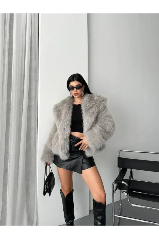 Women's Black Premium Plush Winter Faux Premium Fur Coat-GRAY - 5