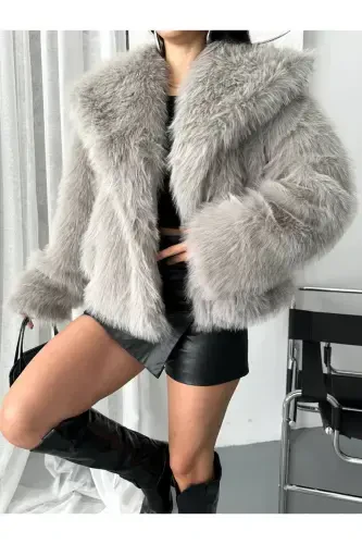 Women's Black Premium Plush Winter Faux Premium Fur Coat-GRAY - 6